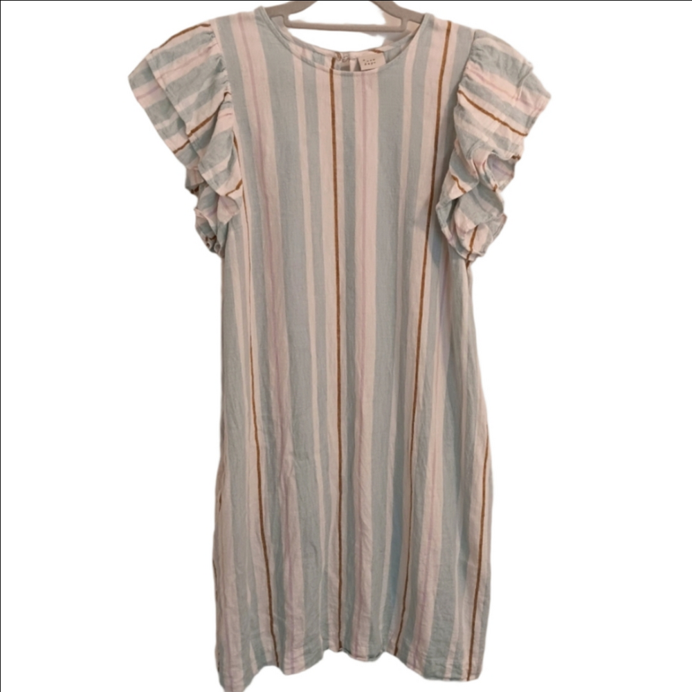 a new day Mint & White Striped Linen Blend Ruffle Cap Sleeve Shift Dress Pockets